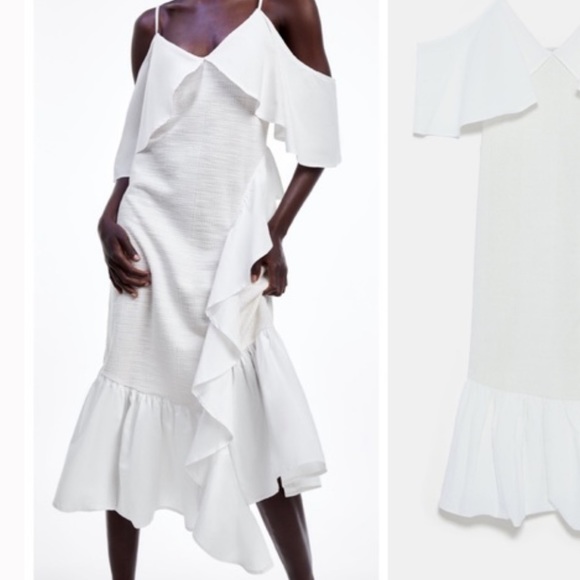 Zara Rustic Ruffled Knit Midi Dress Size M Mixed Media Gauze Flutter White Boho - Picture 14 of 14